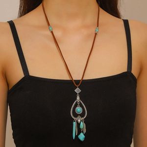 Designer Bohemian Etnic Style Accessories Turquoise Pendant Leather Necklace Sweater Chain E9pn