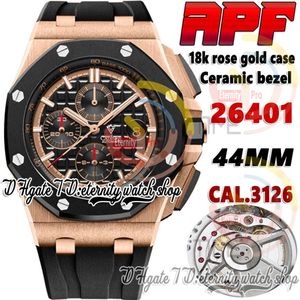 APF APF26401 CAL 3126 A3126 Chronograph Automatyczna męska obserw Rose Gold Cage Ceramic Bezel Czarna tekstura Guma Guma Super wersja 291c