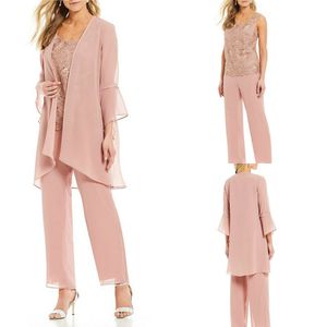 Mãe rosa clara da noiva Pant Suit Chiffon Manga longa Lace Aplique 3 peças chique plus size Mãe dos vestidos da noiva personalizada M 263W