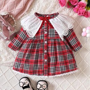 Girl Dresses Infant Born Baby Long Sleeve Red Plaid Crew Neck Lace Collar Spring Autumn Dress
