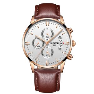 nibosi العلامة التجارية Quartz Chronograph غرامة الجودة حزام جلدي رجالي الساعات الفولاذ المقاوم للصدأ مشاهدة watch مضيئة الحياة المعصم المائي 247o