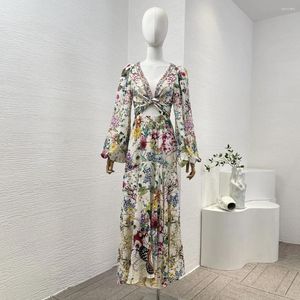 Casual Dresses Multicolor Floral Butterfly Print Full Sleeve Self Tie Bow Cut Out Diamonds Pressed Women Silk High Quality Midi Dress