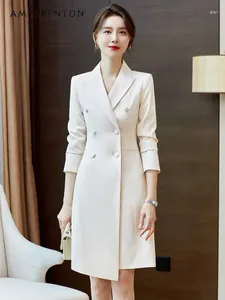 Casual Dresses Commute Style Business Suit Dress for Women Spring Autumn Elegant Gracieful Cross Collar Slim Double Breasted White