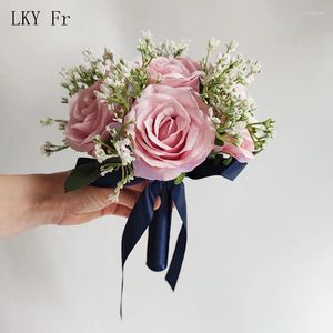 Fiori del matrimonio Lky Fr Bride Bouquet Roses artificiali Gypsopila Silk Bridesmaid Bruchet Bruchetti Bianco Bianco Accessori per matrimoni rosa