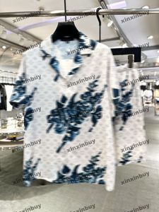 xinxinbuy Men designer Tee t shirt 2024 Italy Panelled flower patterned jacquard letter fabric silk sets short sleeve cotton women white black blue S-3XL