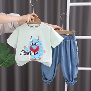 Kleidungsstücke Kinder Sommer 2024 Koreaner Mode Cartoon Bullhorn Monster Kurzarm T-Shirt Tops und Shorts Baby Boys Boutique