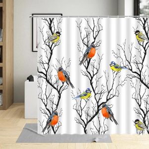 Shower Curtains Plant Birds Watercolor Animals Branch Hand Painted Art Modern Simple Fabric Printed Bath Curtain Bathroom Decor