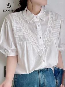 Women's Blouses Spring Cotton Solid Lace Shirt Women Lapel Short Sleeve Simplicity Top Girl Loose Commute Sweet 2024 Autumn T44744QC