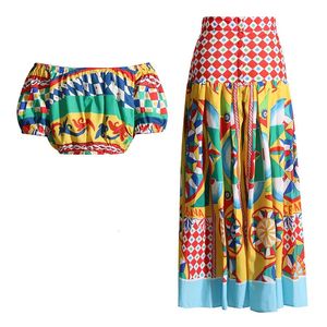 JAMERARY Runway Floral Two-piece Set For Women Summer Sexy Crop Tops Print A Line Maxi Long Skirts Suits Beach Outfits 240423