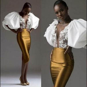 Exaggerated Sleeve Gold Sheath Evening Dress South African Sheer Neck Appliques Prom Dresses Women Slim Cocktail Party Gowns Custom Mad 230T