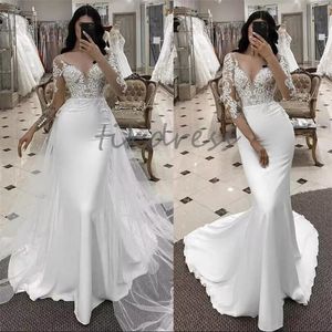 Элегантные свадебные платья русалки с перегодным поездом 2024 Sexy V Neck Appliques Boho Boho Bride Satin Beach Bridal Dress Корейское халат Мариб