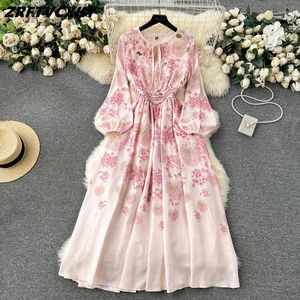 Vestidos casuais 2024 Spring Luxury Print Dress Long Women Women Sleeve Sleeve Festa de noite simples Midi vestidos roupas