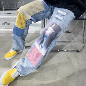 Y2K Jeans Patch Design Pants Män Lose Broken Jeans Korean Color Contrast Man Pant Unisex High Street Denim Trousers Fashio 240510