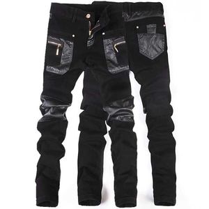 Men's Pants New Fashion Mens Leather Pants Patch Work Casual Tight Mens Motorcycle Jeans High Quality Mens Ultra Thin Tight Jeans Size 28-36L2405