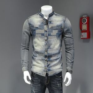 2023 spring new tops youth personality long-sleeved shirts open line design denim men's all-match square collar casual trend shirts Asian size S-4XL