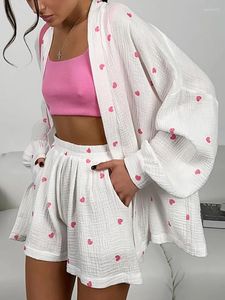 Abbigliamento da casa in pigiama in cotone per donne set da 2 pezzi Stampa manica lunga Kimono Cardigan Top Shorts Abbigliamento da sonno Slee