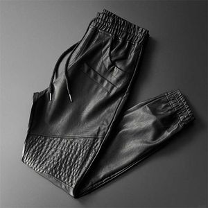 Thoshine Brand Men Leather Pants Superior Quality Elastic Waist Jogger Pants Motorcycle Pocket Faux Leather Trousers Harem Pants 201114