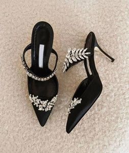 أحذية LuxuriousBrand Lurum Sandals للنساء عالية الكعب الأوراق بلورات الساتان الساتان المثير مضخات شبشب مدببة 5437870