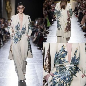 Kobiety Jumpsuits Elie Saab 2019 wieczorowe sukienki z kurtką głębokie v szyję cekinowe koraliki balowe sukienki na imprezę z długim rękawem 252J