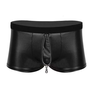 Mens Sexy Open Crotch Short For Sex Zipper Crotchless Soft Patent Leather Fetish Boxer Erotic Hot Porn Pants Sexi Catsuit Costumes