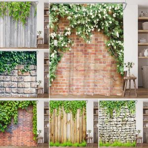 Shower Curtains Vintage Rustic Wood Panel Curtain Farm Door Botanical Farmhouse Brick Wall Flower Polyester Fabric Bathroom Decor