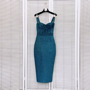 506 L 2024 Milan Runway Dress Frühlings Sommer Ärmel und Spaghetti -Gurt Blaue Kleider Damenkleid Mode hochwertige Luxijia