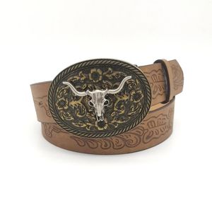 Belts 1PC Rustic Bull Horn Buckle Belt - Richly Embossed Durable PU Leather Stylish Unisex Jeans & Pants For Women Men