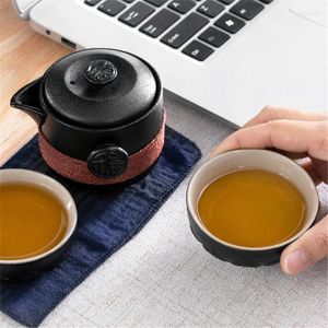 Teaware set textur svart keramik 1 te potten 2 koppar kinesiska resor bärbara kaffekoppspot Kungfu -set container