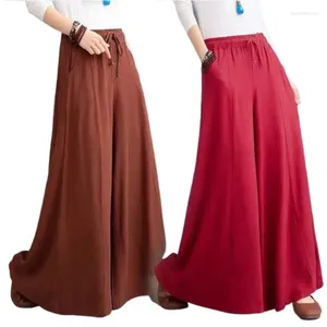 Calça feminina 2024 Mulheres moda perna larga cintura alta linho de algodão fino de calça casual casual Pantalon vintage em tamanho grande