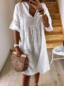 Grundläggande avslappnade klänningar Zanzea 2023 Summer Lace Dress Womens sundress Fashion Flare Slve Kort Vestido Female Bohemian V Neck Party Shirt Robe Femme T240510