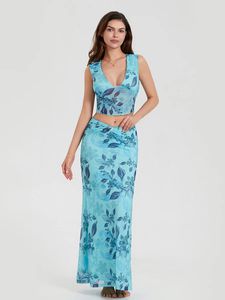 Wsevypo Boho Summer Blue Floral 2pieces Sets Sets Womens Back Bandage Tops Tops с обертывающими длинными юбками пляжные клубные наборы 240423