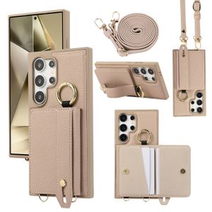 Crossbody Litchi Leather Card Holder Wallet Case för Samsung Galaxy S24 Ultra S23 S22, Hand Rem armbands kickstand Cover