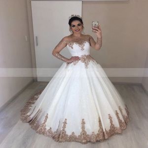 Księżniczka biała suknia ślubna z różowo złotym aplikacjami vintage przezroczyste długie rękawy sukienki dla sukni ślubnej szaty Mariage sukienki 245i