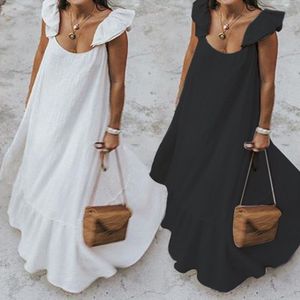 Womens Dress Summer Ruffles Sundress Women Bohemian Solid Maxi Dress Casual Loose Female Sleeveless Robe Long