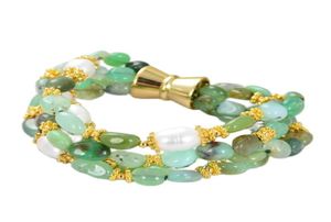 Guaiguai Jewelry 4 가닥 Green Chrysoprase 배양 화이트 쌀 진주 팔찌 여성을위한 수제 진짜 레이디 패션 Jewellry9421712