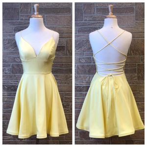 Light Yellow Homecoming Dresses 2019 A Line Spaghetti Neck Short Prom Party Dance Gowns Real Photo Lace Up Back Royal Blue Hoco Graduat 312B