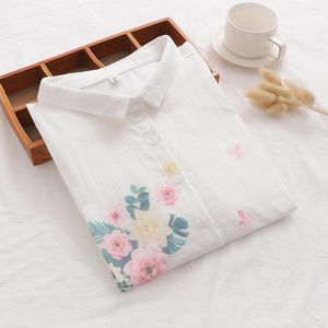 Женские блузки негабаритная рубашка хлопчатобумажная пряжа цветочные белые рубашки и блузка для женщин лето в Японии в стиле плюс средний возраст