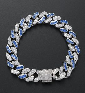 Novo charme de moda Bling Iced Out Blue Crystal Cz Bracelet Silver Zircon Hiphop Jóias de 12 mm de ligação de ligação de ligação cubana para mulheres M9342254