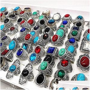 Anéis mixmax 20pcs/lote Nature Stone Tibeta Sier Men Ligal Vintage Casal Anillo Hombre Jóias Mulheres por atacado Lotes Droga