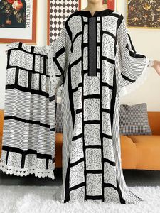 Ethnische Kleidung 2023 Afrikanische Lady Eid Kleid mit großem Schal -Baumwollwellenpunkt gedruckt losen Blumen Boubou Maxi Islam Frauen Kurzer Slve Abaya T240510