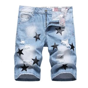 Men Black Leather Stars Patches Denim Shorts Summer Slim Straight Jeans Holes Ripped Blue Cotton Breeches 240511