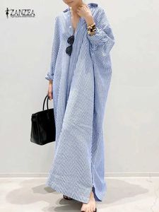 Urban Sexy Dresses Autumn Fashion Shirt Dress Casual Loose Long Slve Lapel Vestidos ZANZEA Women Maxi Dresses Bohemian Stripe Printed Sundress T240510