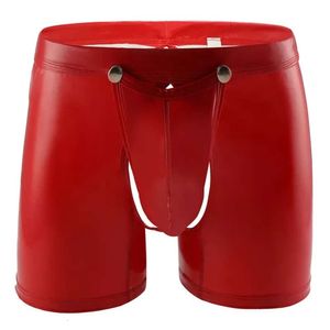 Mens Sexiga underkläder Öppen Crotch Short Pants Latex Shaping Mante Casual Boxer Man Läder Leggings Stretch Bulge Pouch Catsuit Costumes