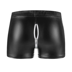 Men Sexy Open Crotch Underwear Soft Matte Leather Fetish Boxer Hip Zipper Porno Crotchless Elastic Waist Sissy Short Pants Sexi Catsuit Costumes