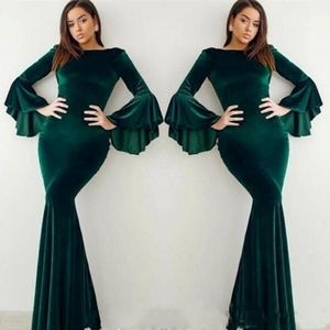Populära sammet mörkgröna aftonklänningar flare långa ärmar sjöjungfru arabiska kändis klänningar prom klänningar plus storlek 356s