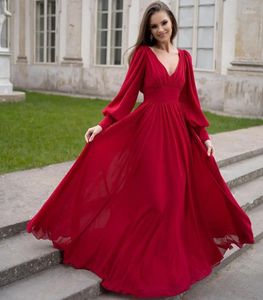 파티 드레스 Jamerary Chiffon Red Dress Women Spring Autumn Low Cut Long Sleeve 라인 Maxi restidos 휴일 휴가