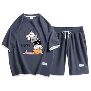 Herren-Trailsuiten Sommer Herren Mode japanische Cartoon gedrucktes T-Shirt und Shorts zweiteilige Set atmungsable Waffeln Top Fashion Mens Clothingl2405