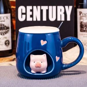 Muggar Cutton Animals Cup Söt keramisk mugguppsättning med locksked reser Creative Cartoon Girl Breakfast Milk Coffee