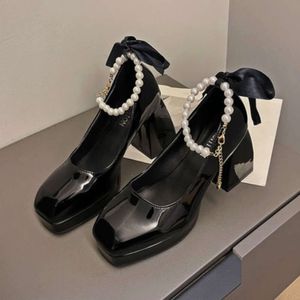 2023 New Mary Jane Women's Ribbon Bows Chunky Heel Party Dress Shoes Pearl Chain Fashion Women High Heels