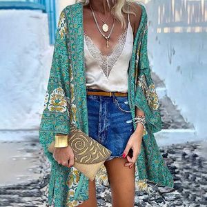 Kvinnors blusar tröjor Bohemian tryckt Cardigan Womens Summer Blues Kimono Cape Zanzea 2023 Casual Long Slve Floral Blsua Kvinnlig öppen front tunika T240510